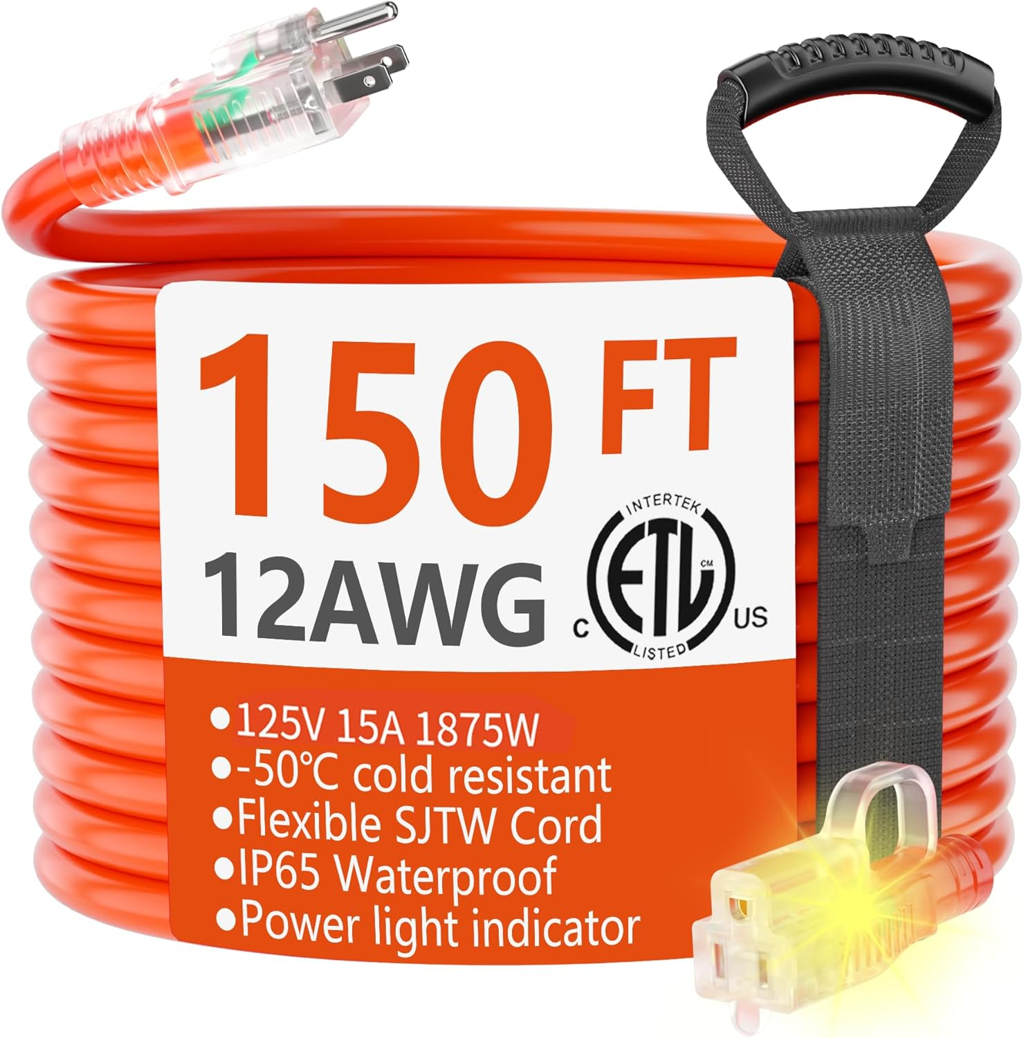 150 Ft Outdoor Extension Cord Waterproof 12/3 Gauge Heavy Duty with Lighted End, Flexible Cold-Resistant 3 Prong Electric Cord Outside, 15Amp 1875W 12AWG SJTW, Orange, ETL