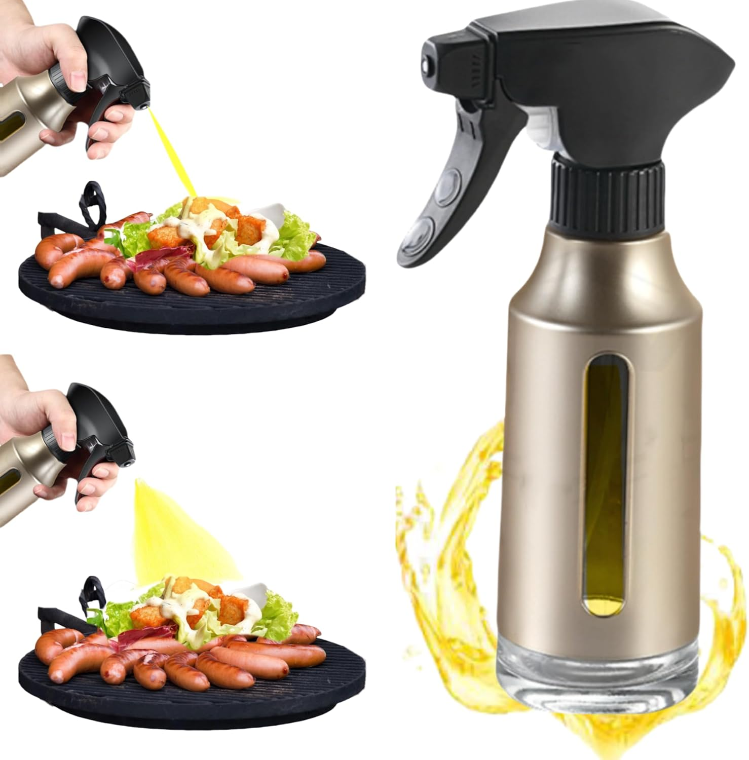 Oil Sprayer for Cooking, Olive Oil Sprayer, 180Ml Oil Spray Bottle for BBQ, Roasting, Salad, Kitchen Gadgets Accessories for Air Fryer. Thick Glass, Fan Mist, Strong Spray Force. (Classic, Gold)