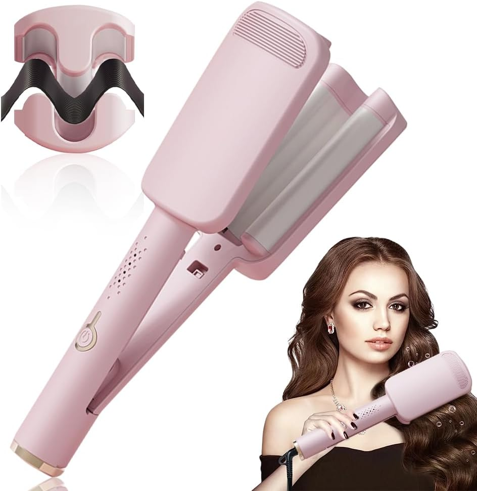 French Wave Curling Iron 32Mm - Mermaid Hair Styler with 4 Gears Temperature, Fast Heating Curler for Long Short Hair, Pink