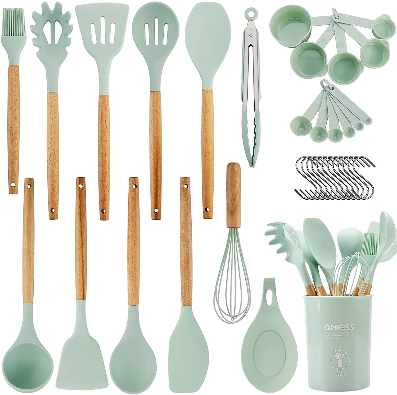 Silicone Kitchen Utensils Set, 35 Pcs Non-Stick Cooking Utensils Set, Sturdy Insulation Wooden Handle Kitchen Accessories for Cooking with Spatula Set and Spoons Set Gadgets (Light Green)