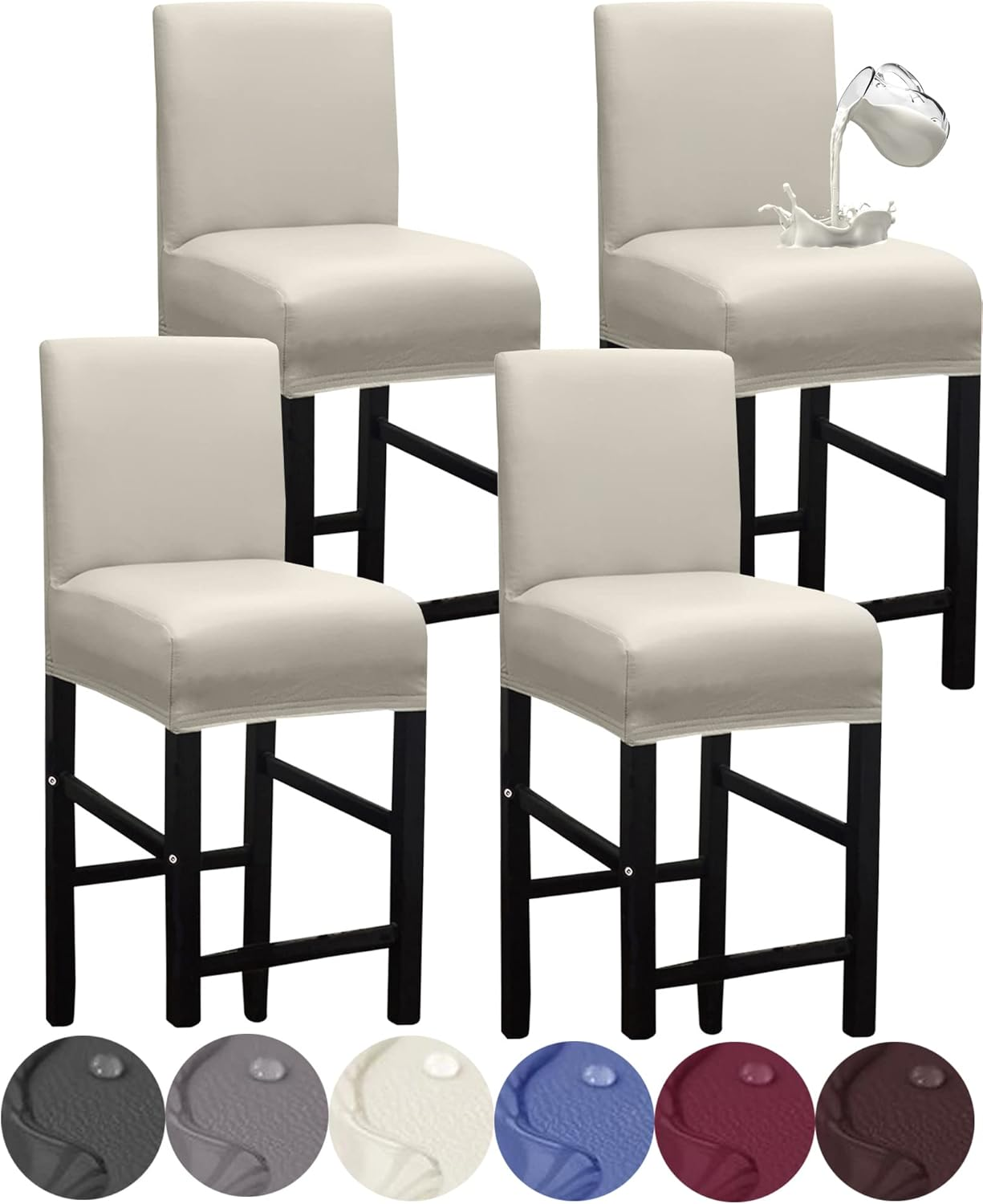 HFCNMY Bar Stool Covers,4 Pack Stretch Waterproof PU Bar Stool Covers with Backs Bar Stool Chair Covers Barstool Covers Slipcovers with Back Pub Counter Stool Chair Covers with Elastic Bands Beige