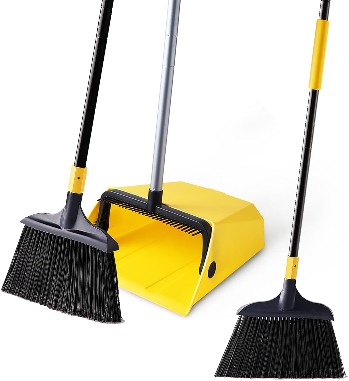Heavy Duty Broom and Dustpan Set 2 plus 1 Set with Comb Commercial Outdoor Indoor for Courtyard Garage Lobby Mall Market Floor Home Kitchen Room Office Pet Hair Rubbish