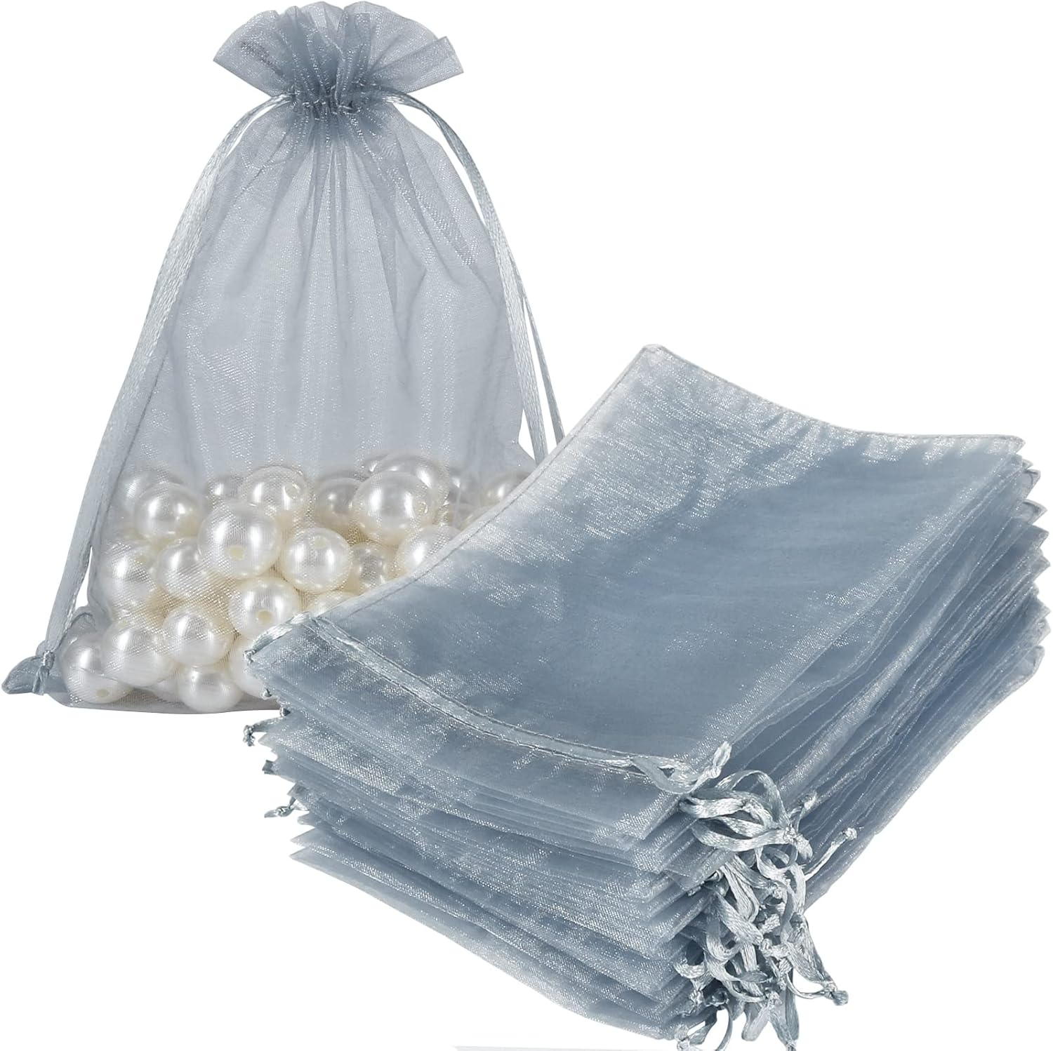 100pcs Organza Bags Silver Gray, 5x7 inch Mesh Drawstring Gift Bags Jewelry Pouches for Christmas Candy Party Favor