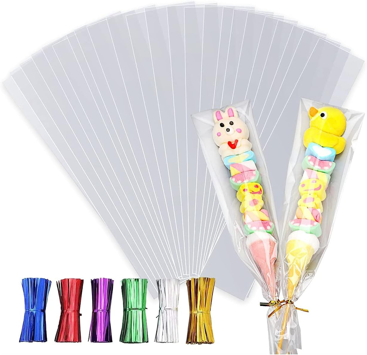 300 Pcs Cellophane Treat Bags,3 x 11 inch Long Flat Clear Plastic Cellophane Bags with 6 Mix Colors Twist Ties for Bakery Cookies,Skewers of candy,Pretzel Sticks