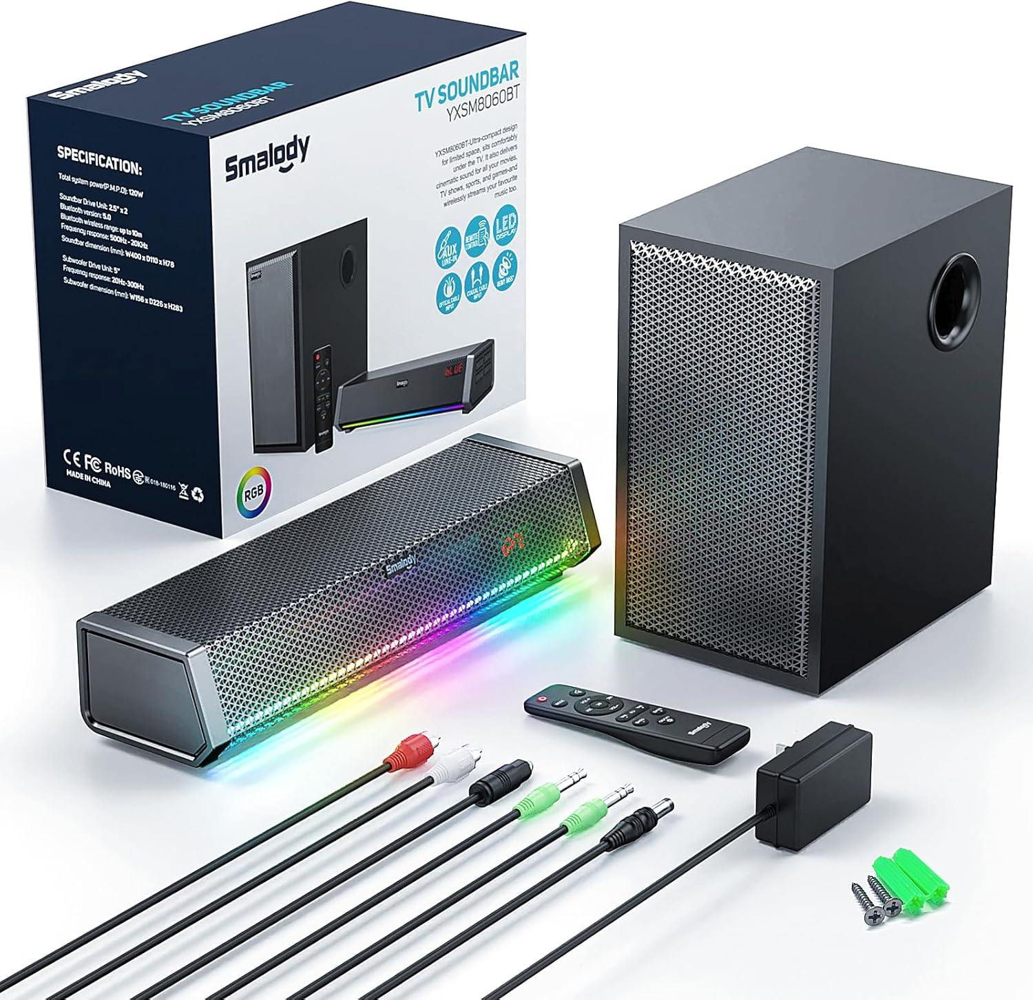 Smalody TV Speakers, Home Theater Speaker Wireless Audio Sound Bar TV Speaker + Bass Subwoofer, Bluetooth Enabled/Optical/Aux/Coaxial Inputs/Remote Control