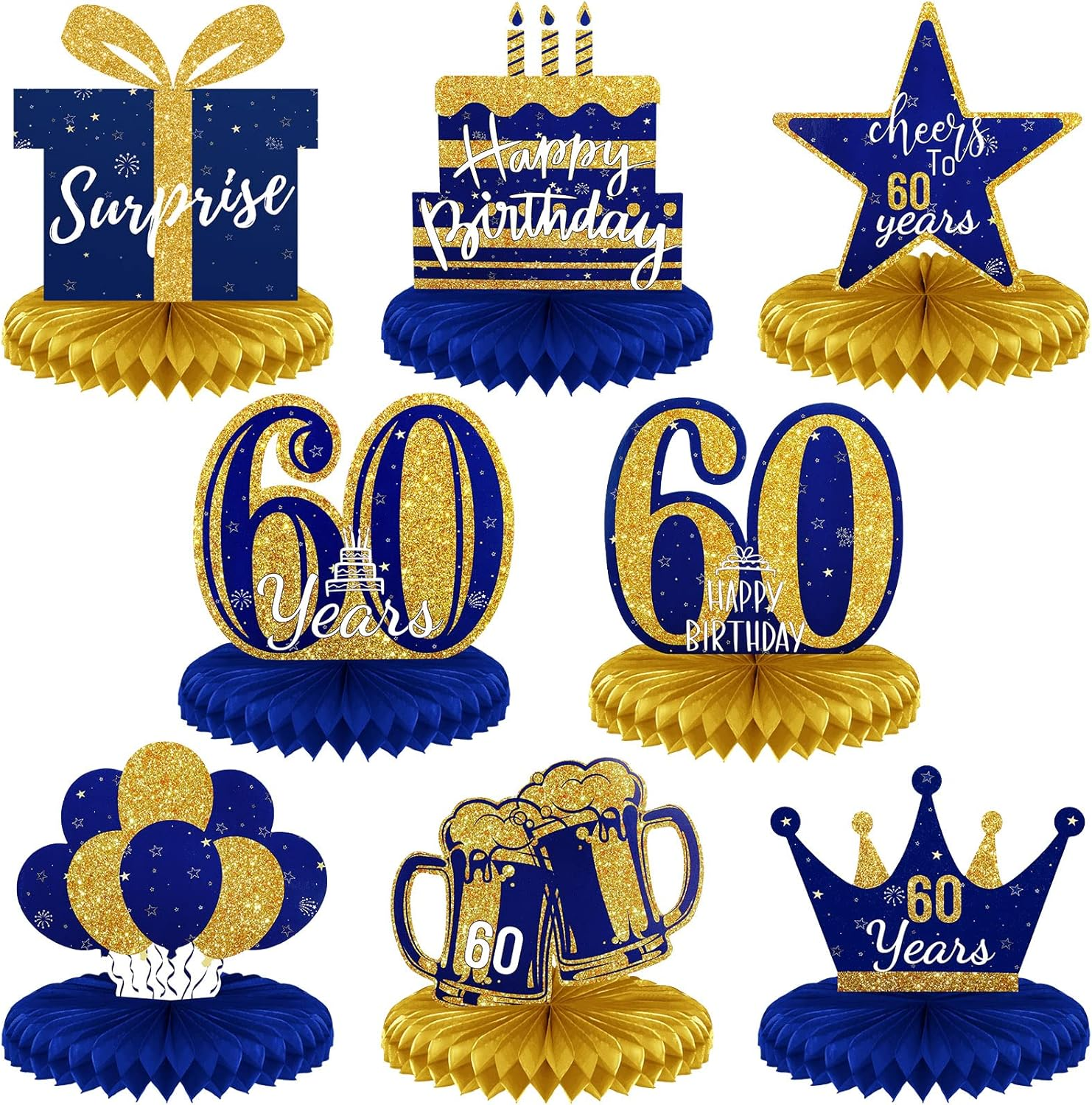 8 Piece Blue Gold 60Th Birthday Table Decorations 60Th Birthday Honeycomb Centerpieces Glitter Table Toppers Blue Gold Party Decorations for Men and Women Party Supplies
