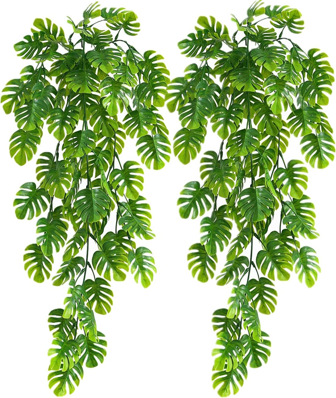 Artificial Hanging Plants 2 Pack, Monstera Leaves Fake Vine Ivy Leaf Green Rattan Greeny Tropical Palm Outdoor UV Resistant Plastic Plants for Bedroom Home Garden Office Wedding Décor