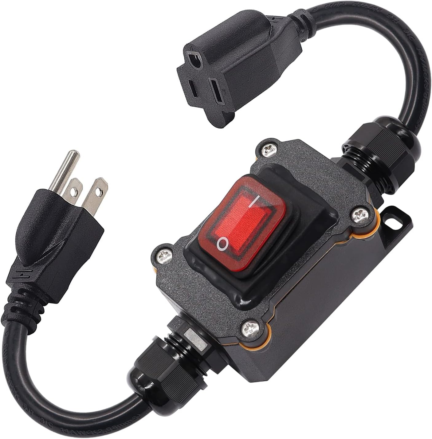 Weideer Extension Cord with Inline Switch On/Off IP67 Waterproof 20A 250V 1.5Ft 14AWG 3Pin Outlets Plugs Power Cord Red Led Rocker Toggle Switch K-069-NW-R