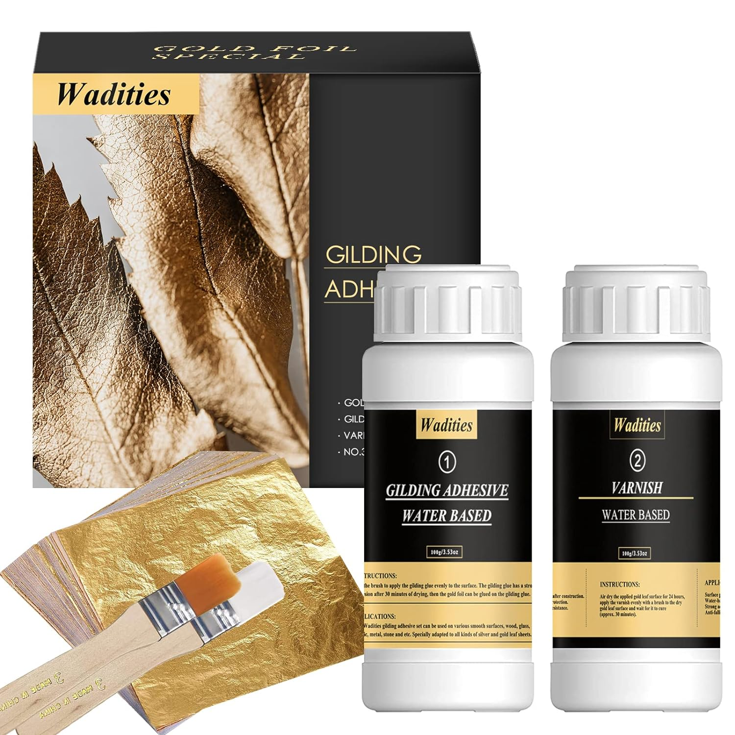 Gold Leaf Gilding Adhesive Set, 100Ml Water Based Glue and 100Ml Varnish, Gold Leaf Sheets 100 Pcs, 2 Brushes, for Craft, Painting and Arts