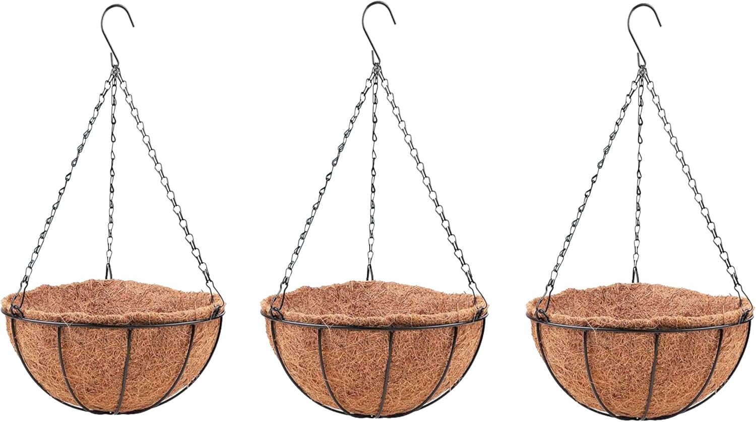 Lalagreen Hanging Planters with Coco Liners (12 Inch, 3 Pack) Hanging Baskets for Plant Outdoor, Hanging Plant Pot Flower Metal Wire round Holder Hanger Hook Chain Deck Porch Garden Balcony Boho Decor