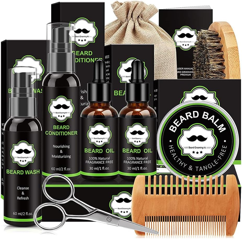 Telfun Beard Kit for Men with Beard Wash, Beard Conditioner, Beard Oil, Beard Balm, Brush, Comb, Scissors, Storage Bag, Gifts for Men Dad Husband Boyfriend