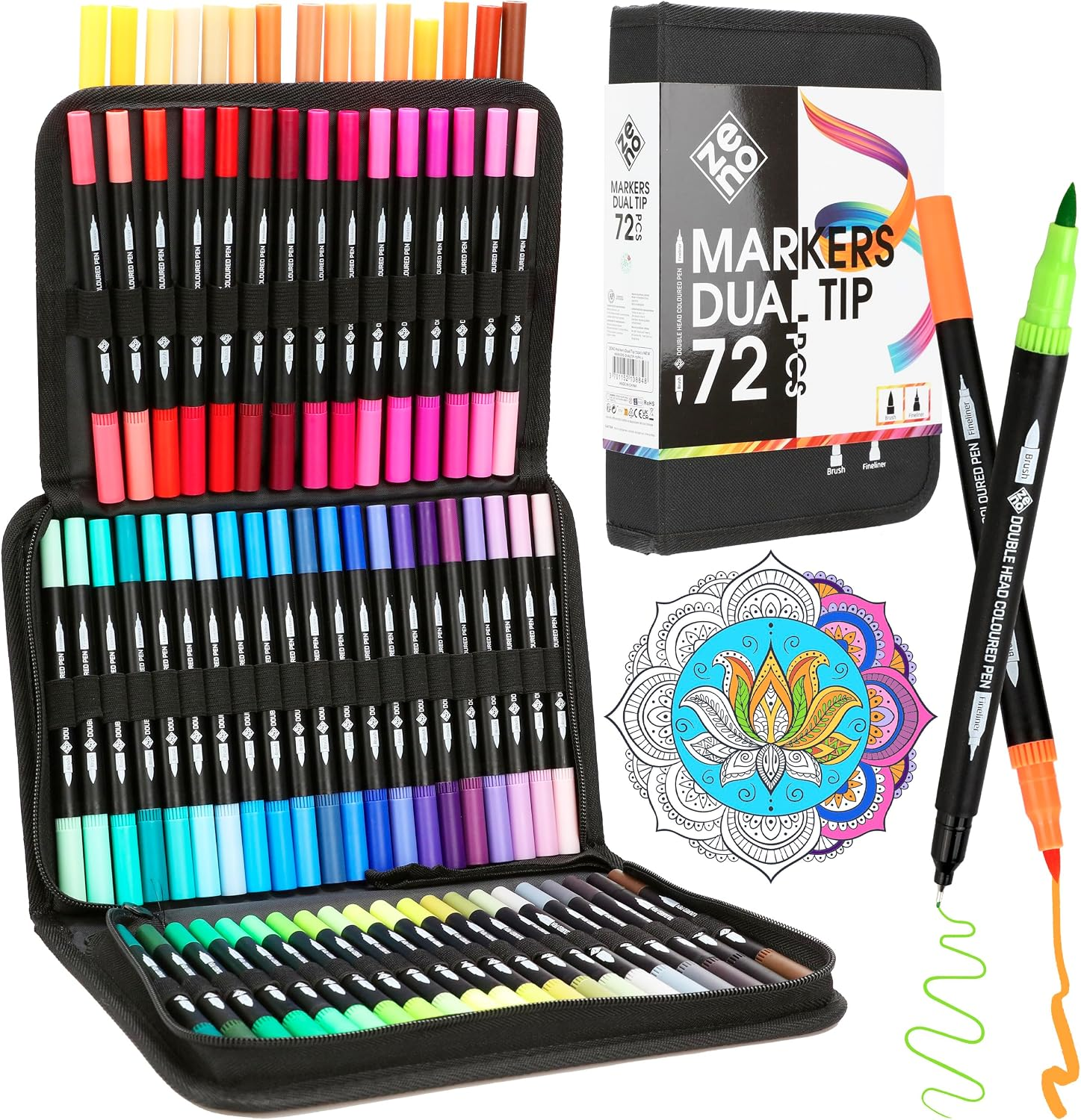 72 Dual Tip Markers Set with Case – No-Bleed Coloring Markers for Adults - Art Pens for Color Books, Fine & Brush Tip - Watercolor Pens for Artists, Coloring, and Journaling