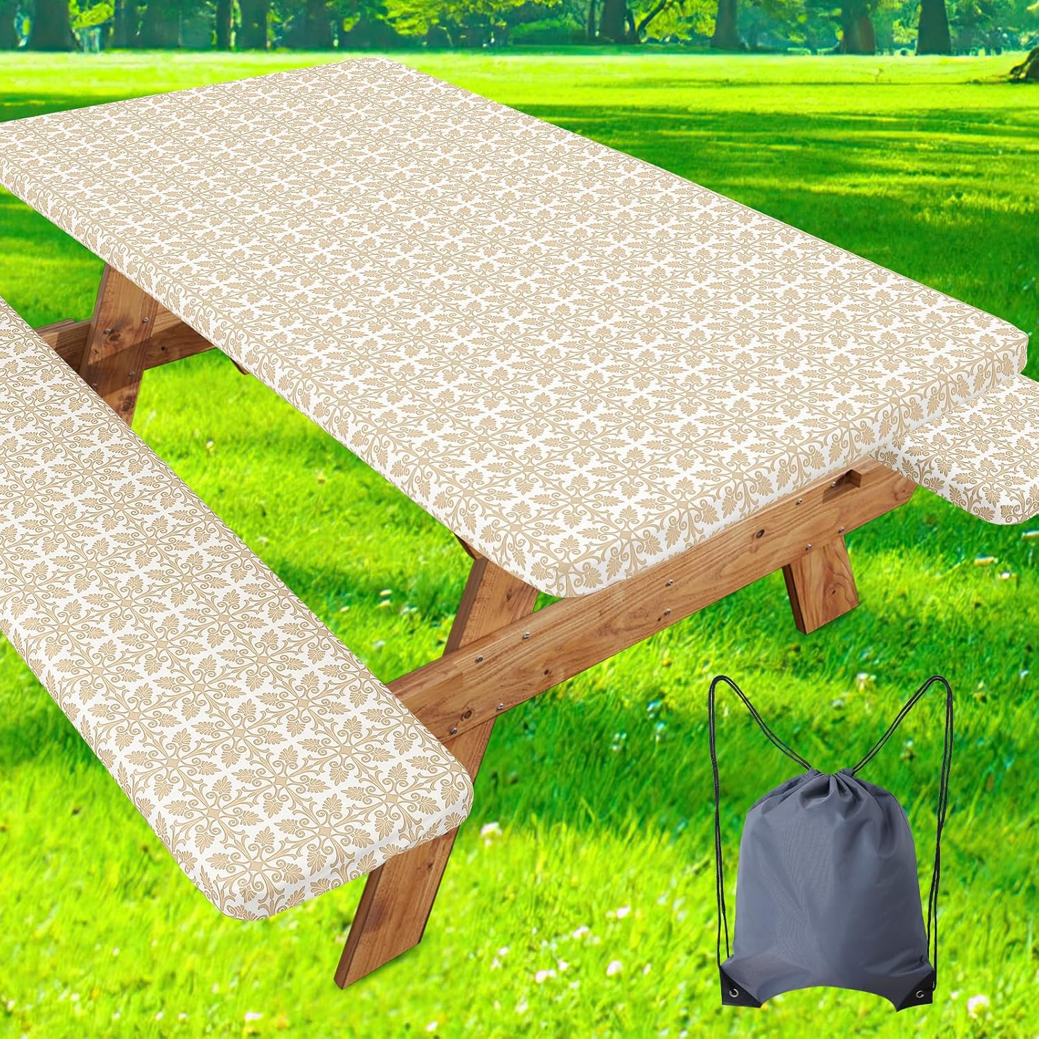 Picnic Table Cover with Bench Cover, Waterproof Elastic Fitted Tablecloth for 6 Foot Tables, Rectangle Washable Polyester Tablecloths for Picnic, Camping, Outdoor (Khaki, 30" x 72")