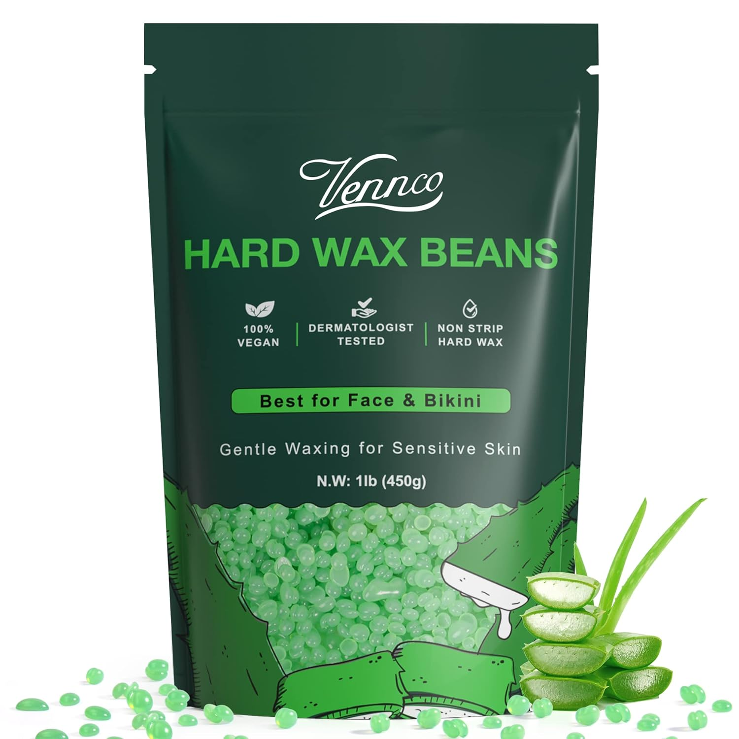 Hard Wax Beads, 1Lb Wax Beans for Coarse Hair Removal Sensitive Skin with Pure Aloe Vera, for Face Eyebrow Leg Bikini Brazilian Waxing, Perfect for Full Body & All Hair Types at Home