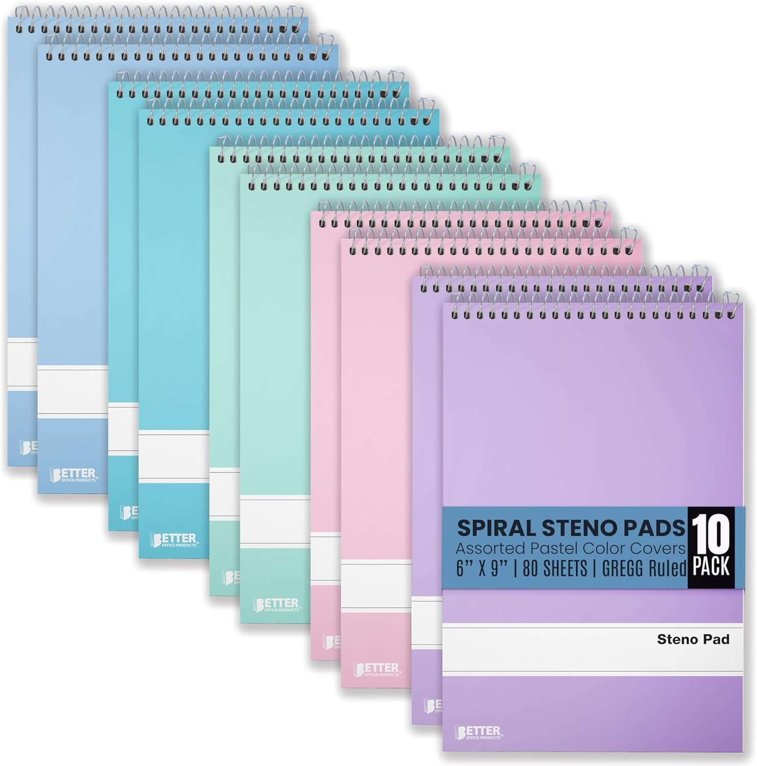 Steno Pads Spiral 6x9, 10 Pack, Gregg Ruled, 80 Sheets, Assorted Pastel Covers, Steno Notebooks Top Spiral for Note Taking