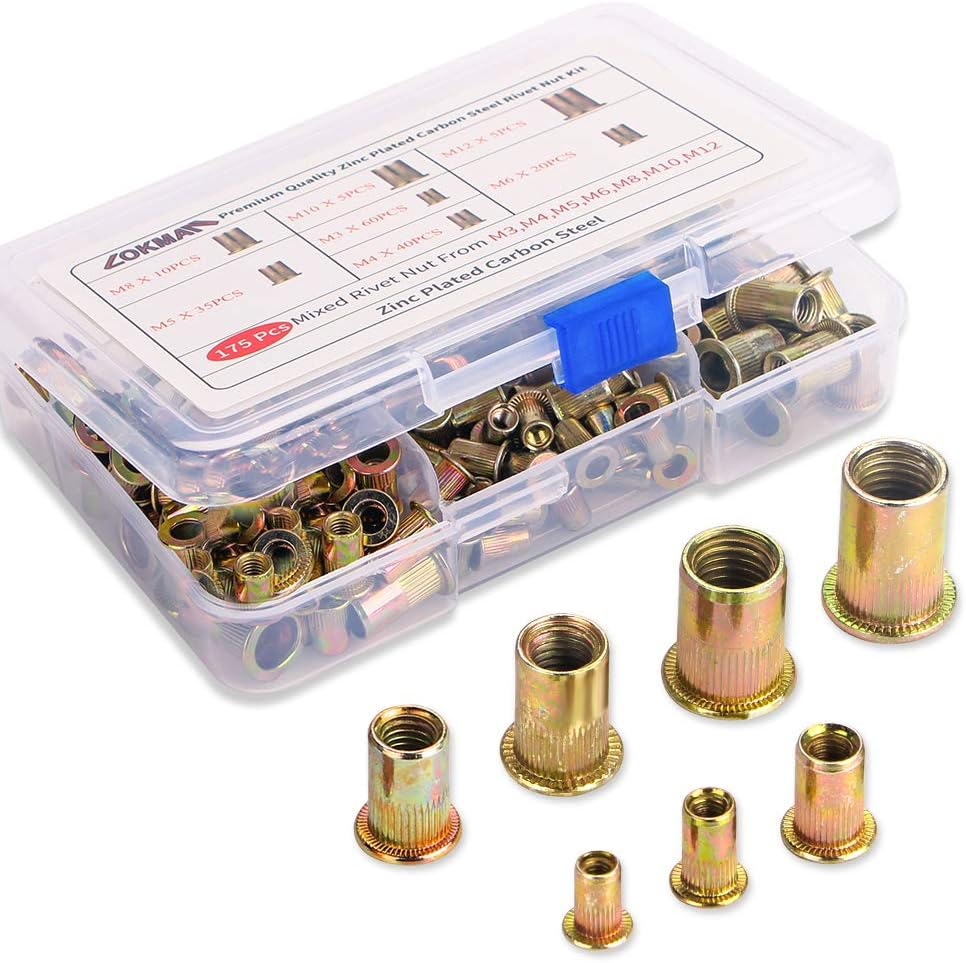 175Pcs Zinc-Plated Carbon Steel Rivet Nut Kit, M3-M10 Assorted Sizes, Flat Heads