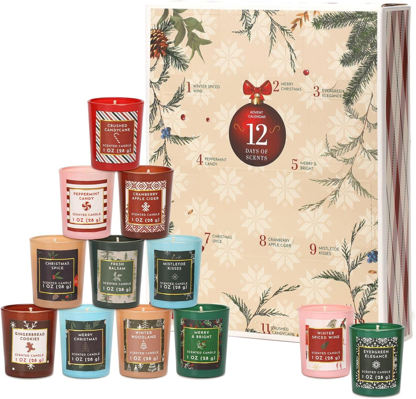 Advent Calendar Candles, 12 Days of Christmas Scented Candle Gifts for Women, 12 Pcs Soy Wax Christmas Candles Set Gift for Family, Friends, Xmas Gift Idea