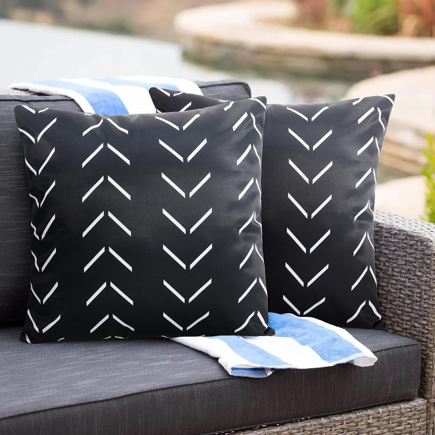 Outdoor Waterproof Throw Pillow Covers 18x18 Inch Black and White Decorative Boho Pillows Cover Set of 2 for Patio Garden Porch