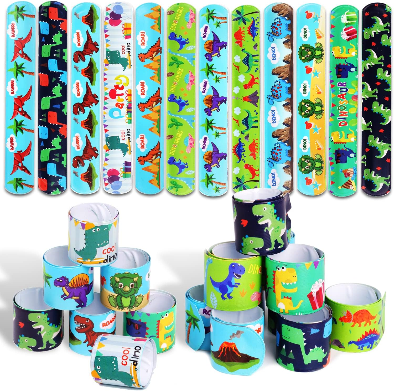 DERAYEE 24 Pcs Dinosaur Slap Bracelets for Kids, Jurassic Forest World Theme 