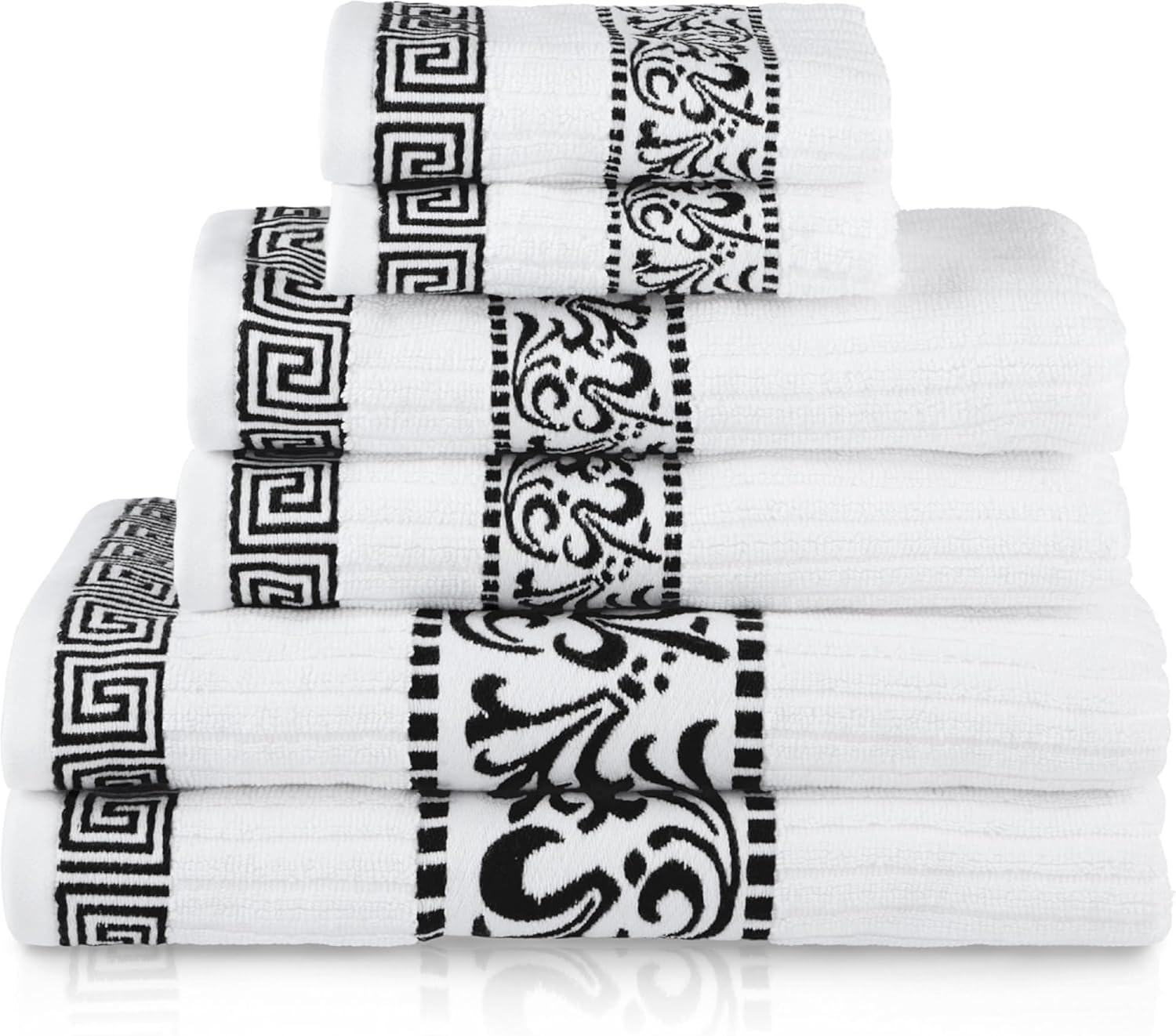 6-Piece Cotton Towel Set, Decorative Greek Pattern, Home Essentials, Absorbent Towels, Bathroom Decor, Spa, Resort, Includes 2 Hand, 2 Face and 2 Bath Towels, Athens Collection, Black
