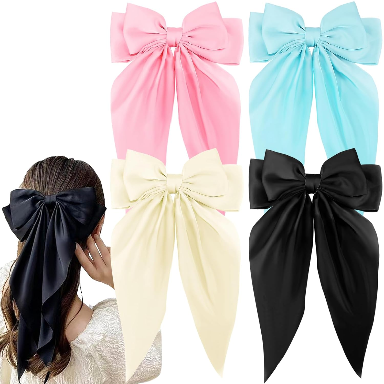 4 Clips Mono Pelo Mujer Nina Satinado Lazo Cola Larga Grande Suave Negro Beige