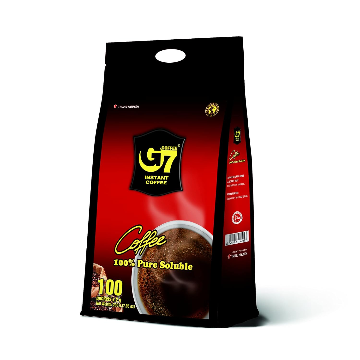 TRUNG NGUYEN G7 PURE BLACK Instant Coffee for Energy Boost - 100% Soluble Coffee without Sugar - Strong, Pure & Rich Vietnamese Instant Energy - Original Taste for Connoiseurs (100 Sachets/Bag)