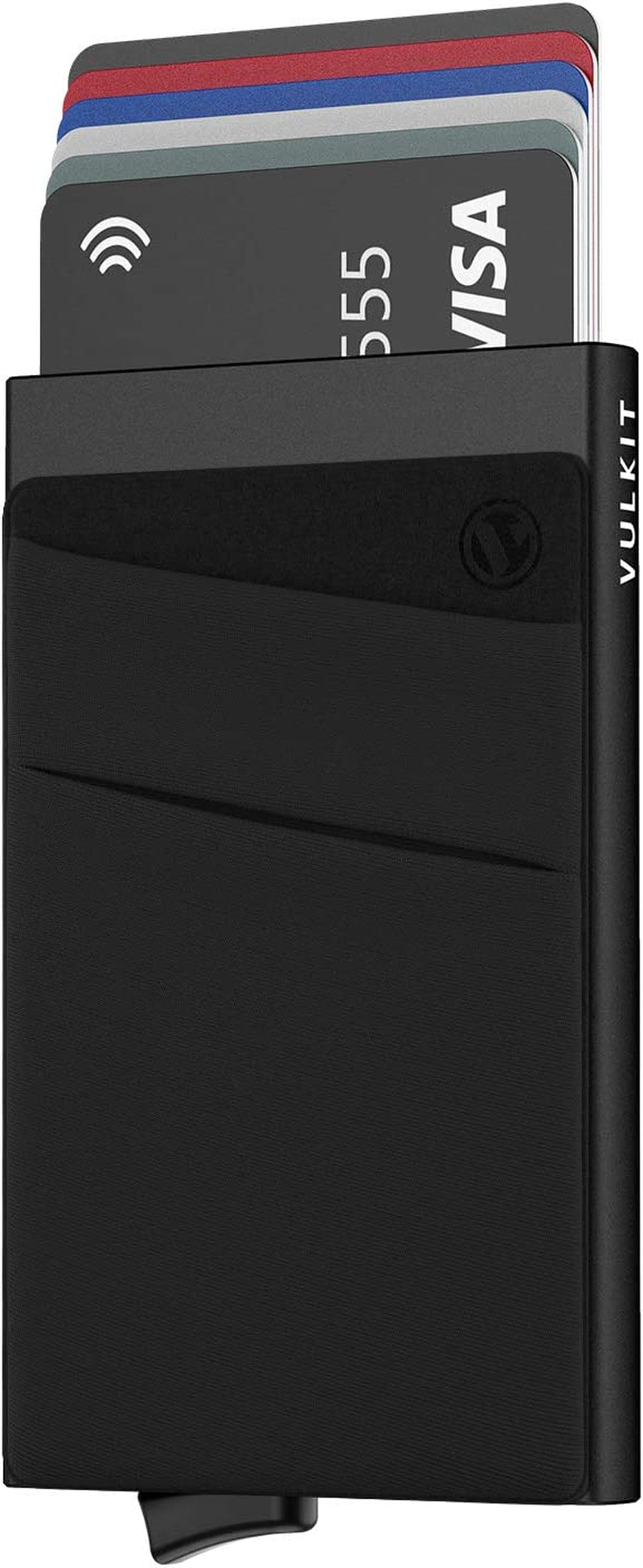 VULKIT Card Holder with Money Pocket Pop up Wallet RFID Blocking Slim Metal Bank Card Case Holds 5 Cards and Notes(Black)