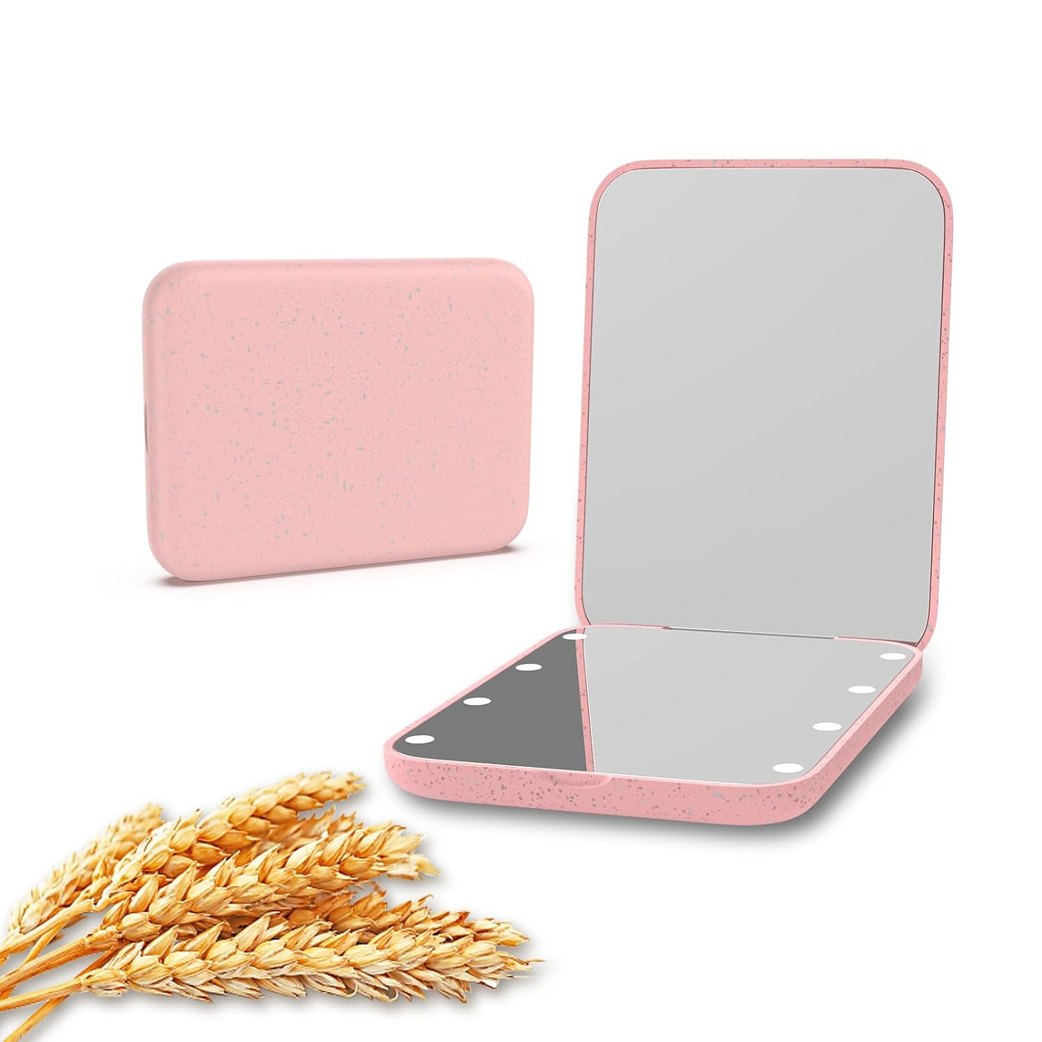 Wheat Straw Pocket Mirror, 1X/3X Magnification Travel Mirror for Purse, Lighted Plastic Fiber Mirror, Folding Handheld Mirror, Small Lighted Compact Mirror for Gift, Pink