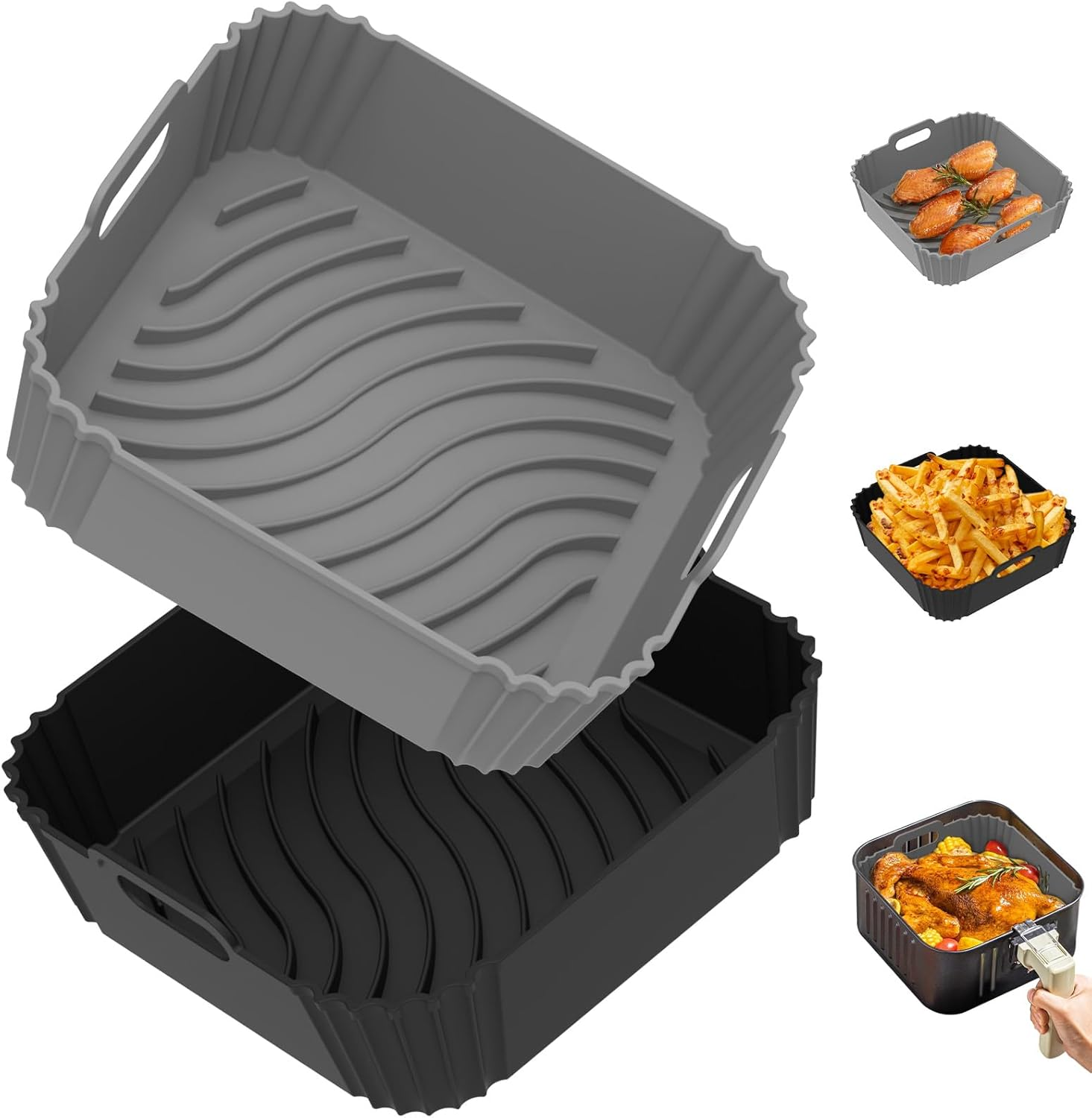 2 Pack Silicone Air Fryer Liners, Square Reusable Non-Stick Basket Inserts for 4-5 QT Air Fryers, Dishwasher Safe Parchment Paper Replacement Accessories Gray & Black