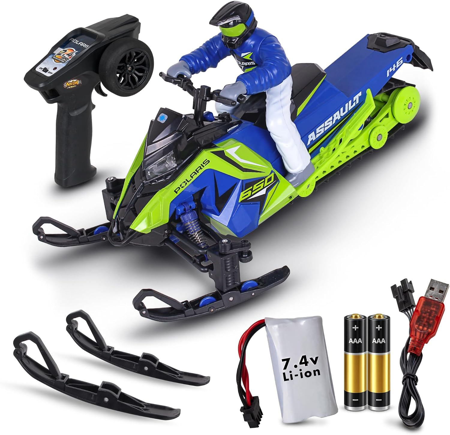 Polaris® RC Snowmobile | 1:10 Scale, Switchback Assault (Green/Blue) | Snow, Dir