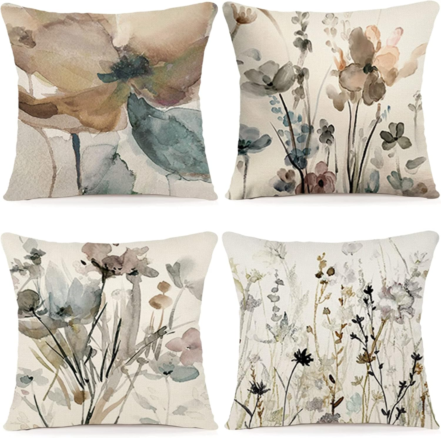 YCOLL Blumen Kissenbezug 40X40 4Er Set Kissenhülle Leinen Sofakissen Moderne Abstrakte Blumen Aquarellmalerei Dekokissen Für Sofa Schlafzimmer Couch Outdoor Kissenbezüge 40X40 A090