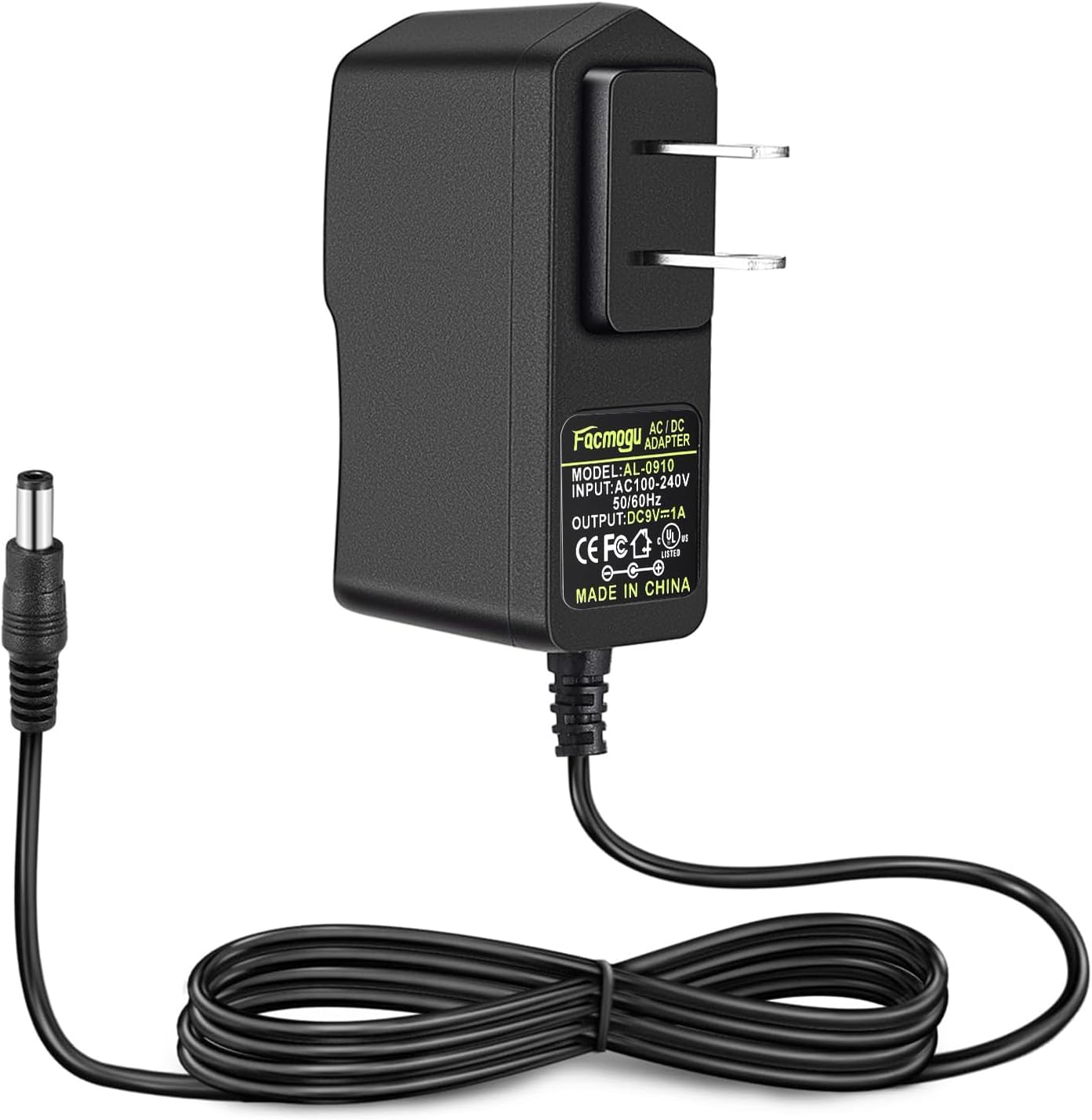 Facmogu 9W 9V/1A Power Supply Adapter - Center Positive, AC 100-240V to DC 9V 