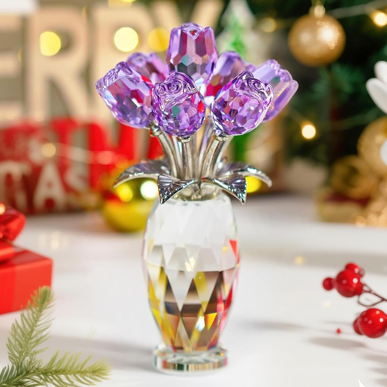 H&D HYALINE & DORA Crystal Rose Purple Flower Figurine,Rose Gifts for Mom Wife Grandma,Glass Flower Collectible Ornament Mother'S Day Thanksgiving Anniversary Birthday Gifts