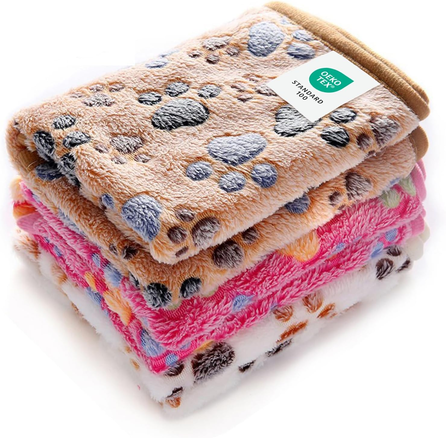 1 Pack 3 Blankets Super Soft Fluffy Premium Fleece Pet Blanket Flannel Throw for Dog Puppy Cat Paw Brown/Pink/White Small(23x16 inch)