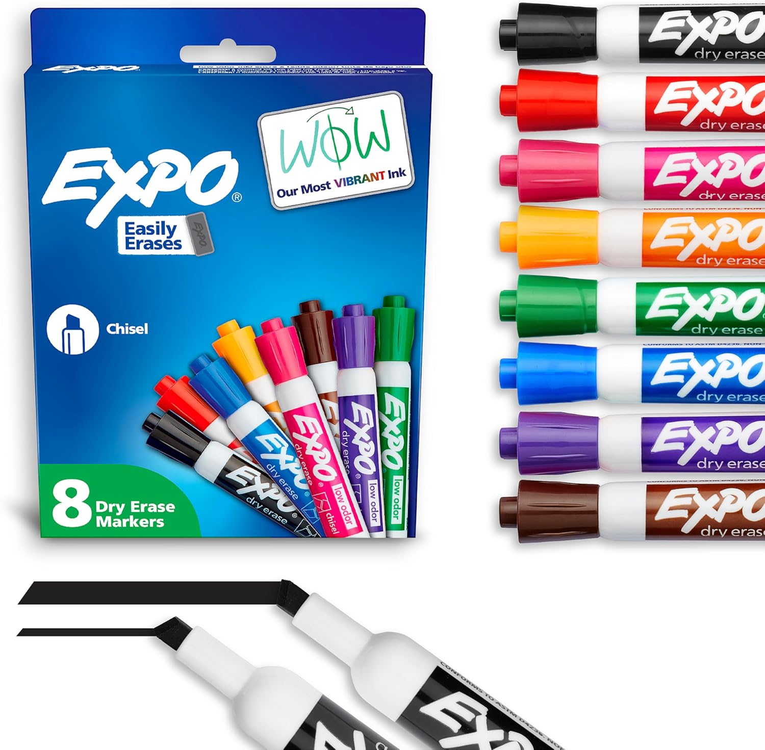 Low Odor Dry Erase Markers, Chisel Tip, Assorted Colors, 8 Count