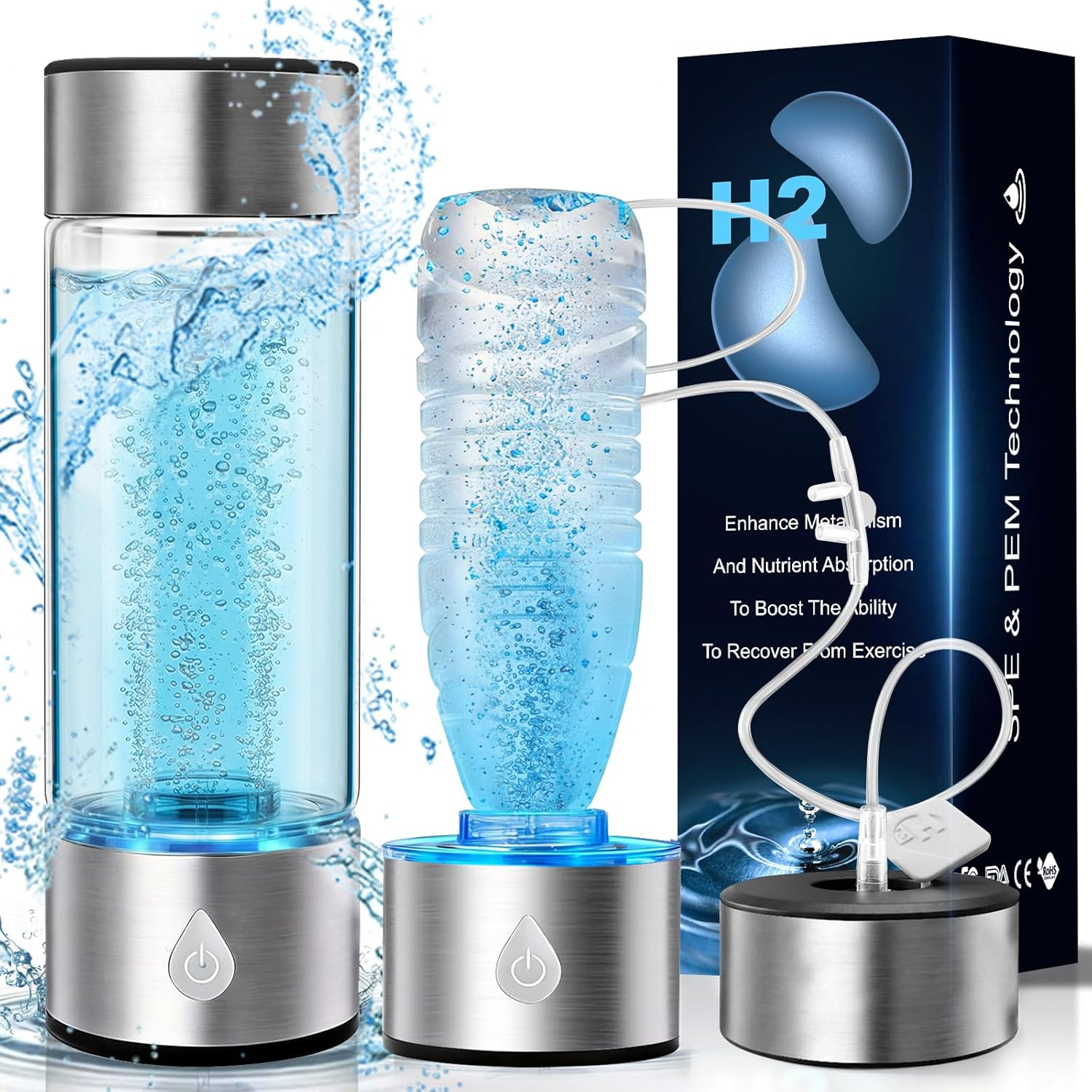 3 in 1 Hydrogen Water Bottle Generator, SPE PEM Tech 4000PPB Hydrogen Rich Water Cup, 3Min Fast Hydrogen Making, Auto Clean, Portable 16Oz for Daily Drinking, Inhalation, Home Travel
