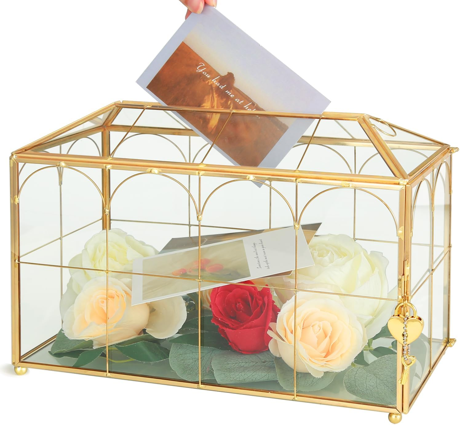 Glass Wedding Card Box with Lock, 12.6X5.9X9 Inches Large Gold Card Boxes for Wedding Reception, Graduation, Keepsake Display, Party Centerpiece Gift Box
