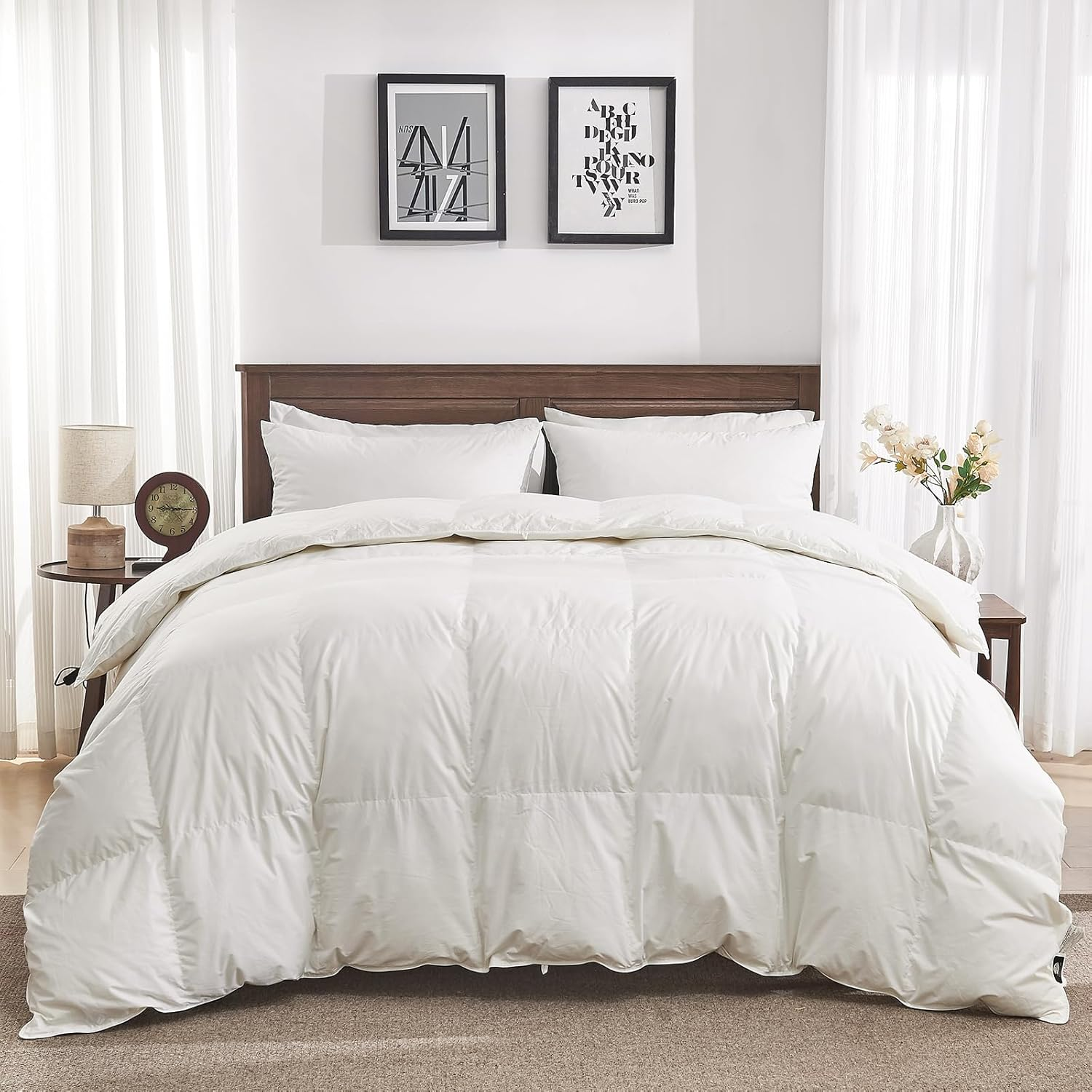 Goose Feather down Fiber Comforter Queen Size - 100% Organic Cotton Shell All Season Duvet Insert, Medium Warmth Hotel Luxury Bedding Comforter(90X90 Inch, White)