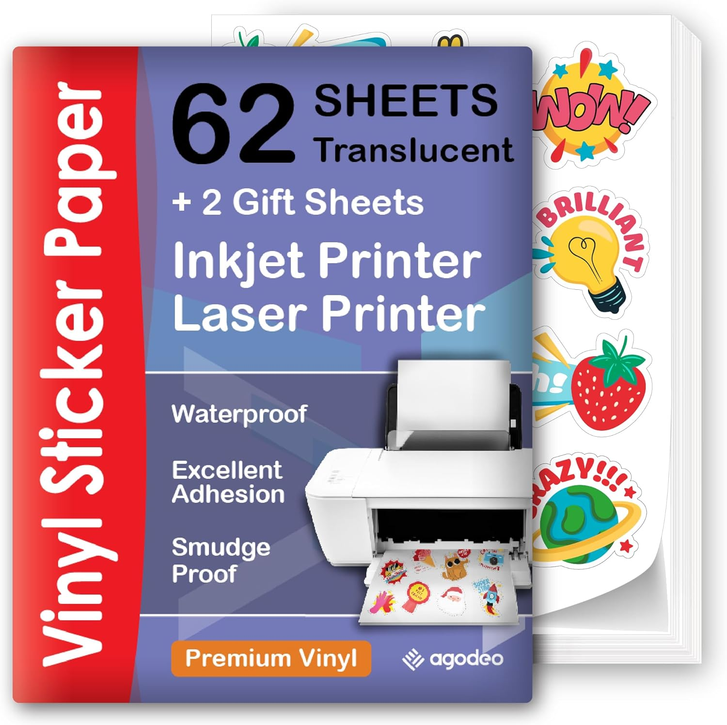 Translucent Semi-Clear Sticker Paper for Inkjet Printer & Laser Printer 62 Sheets - Self-Adhesive Water-Proof, Dries Quickly Vivid Colors, 8 ½ X 11 Inches Holds Ink Well - Tear Resistant