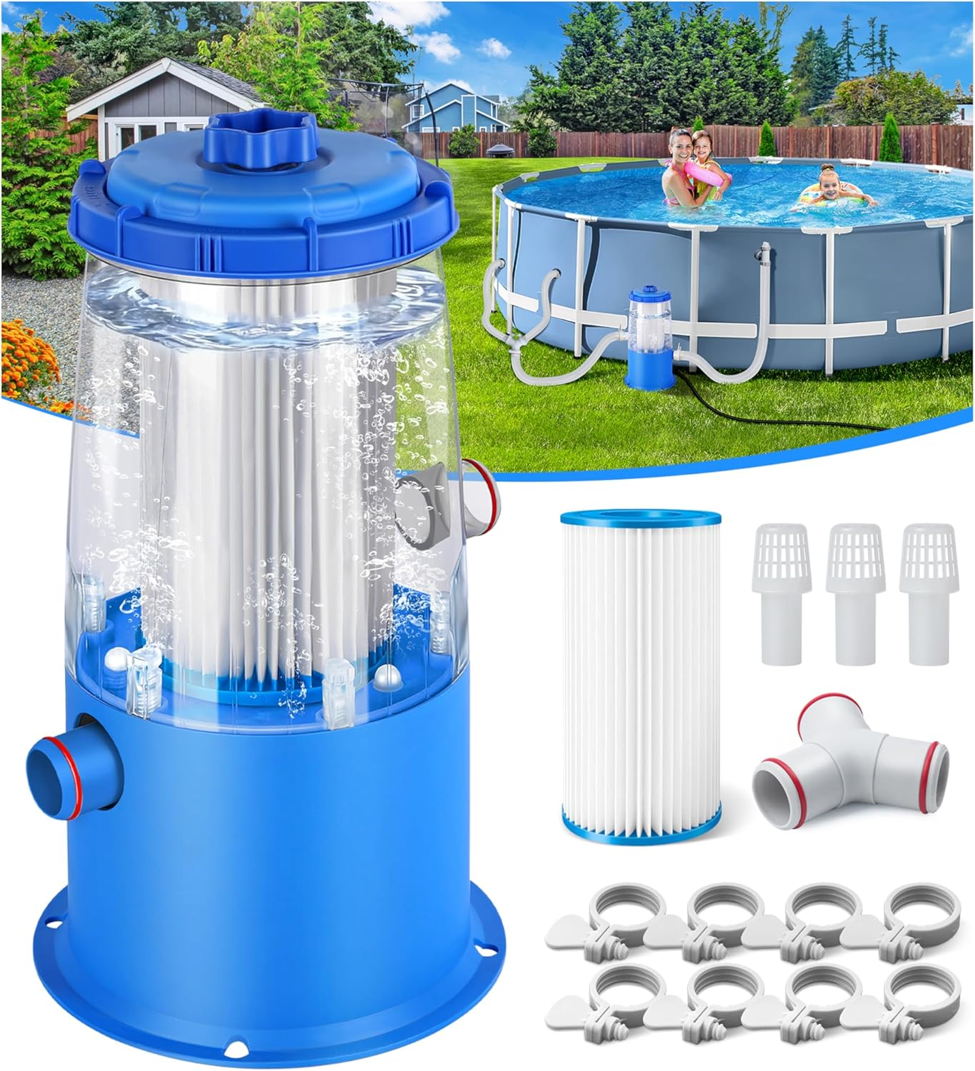 Transparent 1000 GPH above Ground Pool Filter Pump – Easy Cartridge Status Viewing | Powerful Pool Cartridge Filter Pump System | Enhanced Circulation & Filtration for Crystal-Clear Water