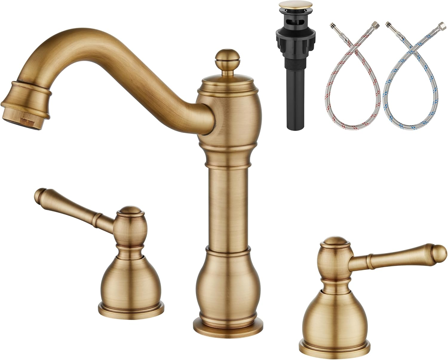 Antique Brass 8 Inch Widespread Bathroom Sink Faucet Double Lever Handle 3 Hole Deck Mount Vanity Basin Mixer Tap with Pop up Drain Assembly