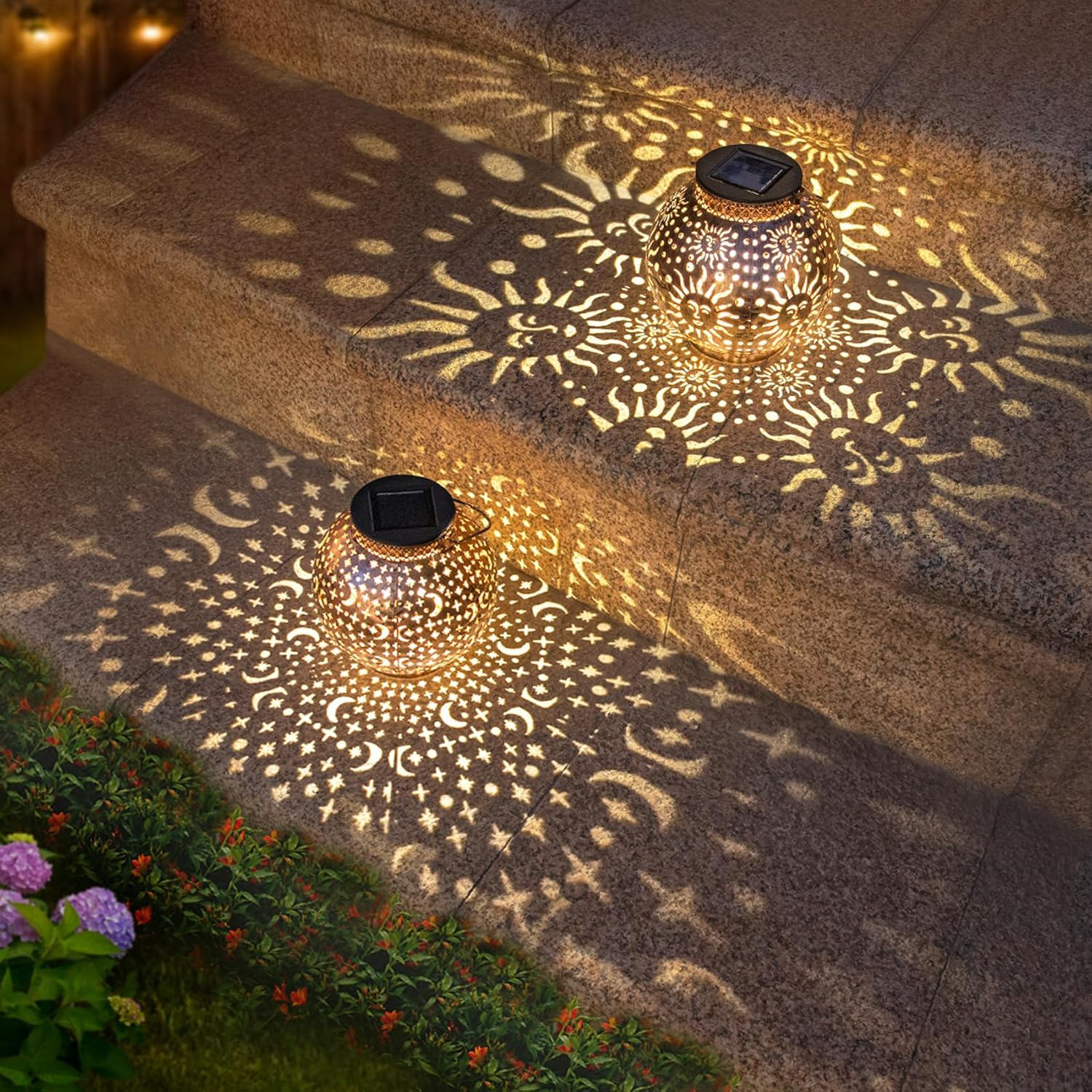 Gifts 2Pack Solar Lanterns Outdoor Waterproof Mothers Day Gifts for Mom Moon Star Sun Solar Lights for Balcony, Yard,Birthday Gifts for Women Grandma Wife (Bronze)