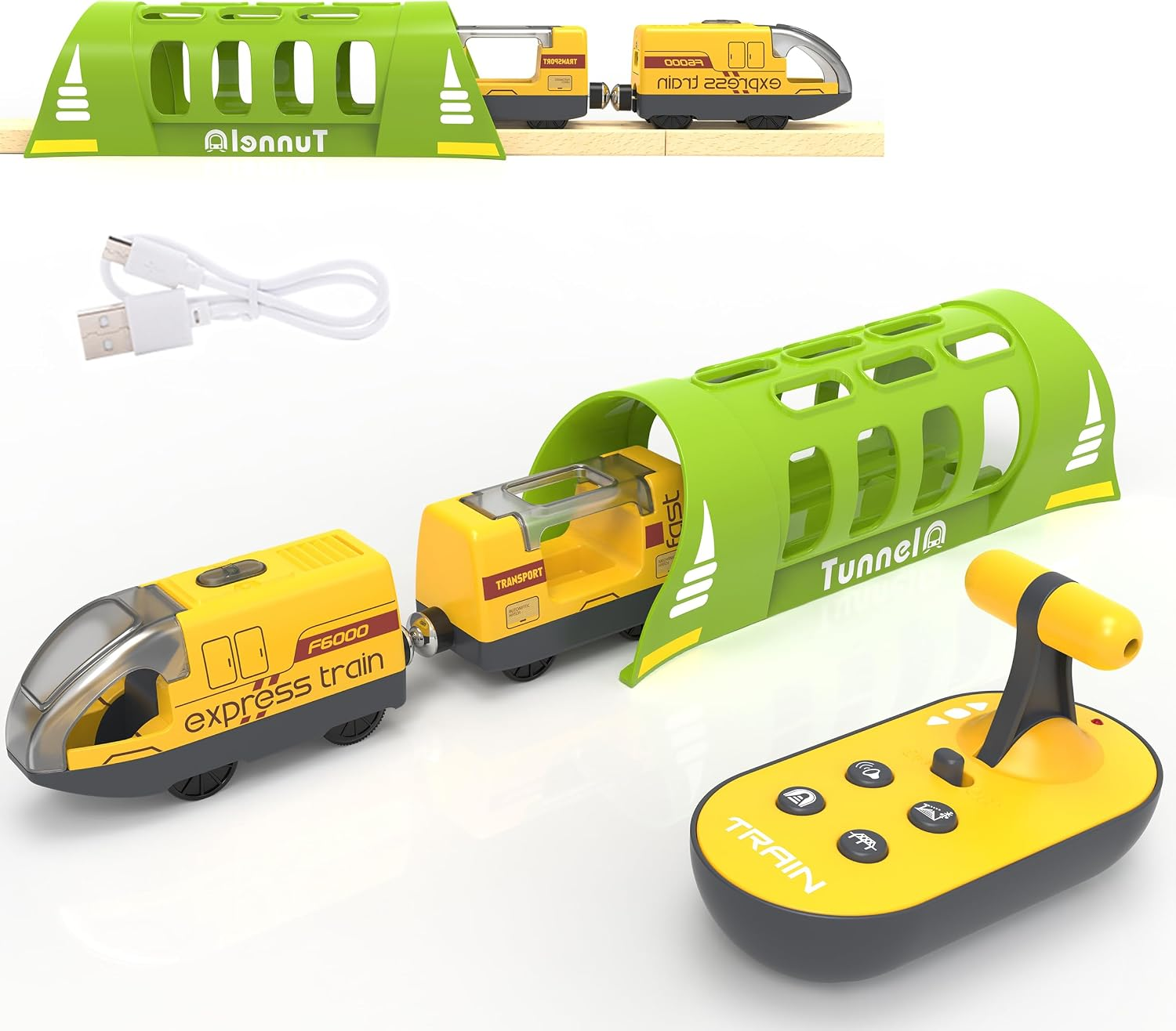 Battery Operated Train for Wooden Track, Electric Train Set Includes Remote Control Locomotive Trains & Tunnel, Motorized Train Toy for Toddlers Compatible with Thomas, Brio, Chuggington