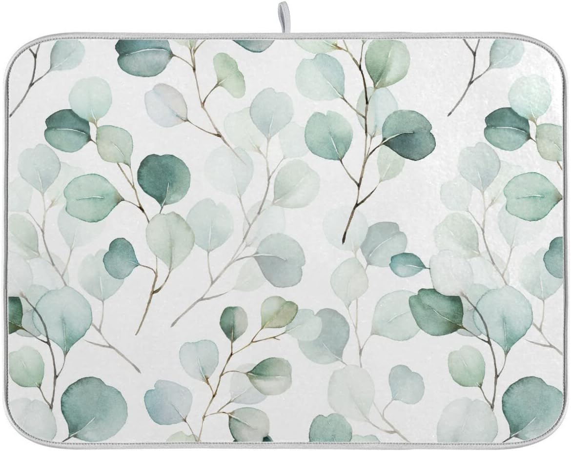 Green Leaves Dish Drying Mat 16X18 for Kitchen Counter Watercolor Herbs Women Kitchen Drying Mats Dishes Pad Absorbent Fast Dry Dish Draining Mats Medium Kitchen Accessories