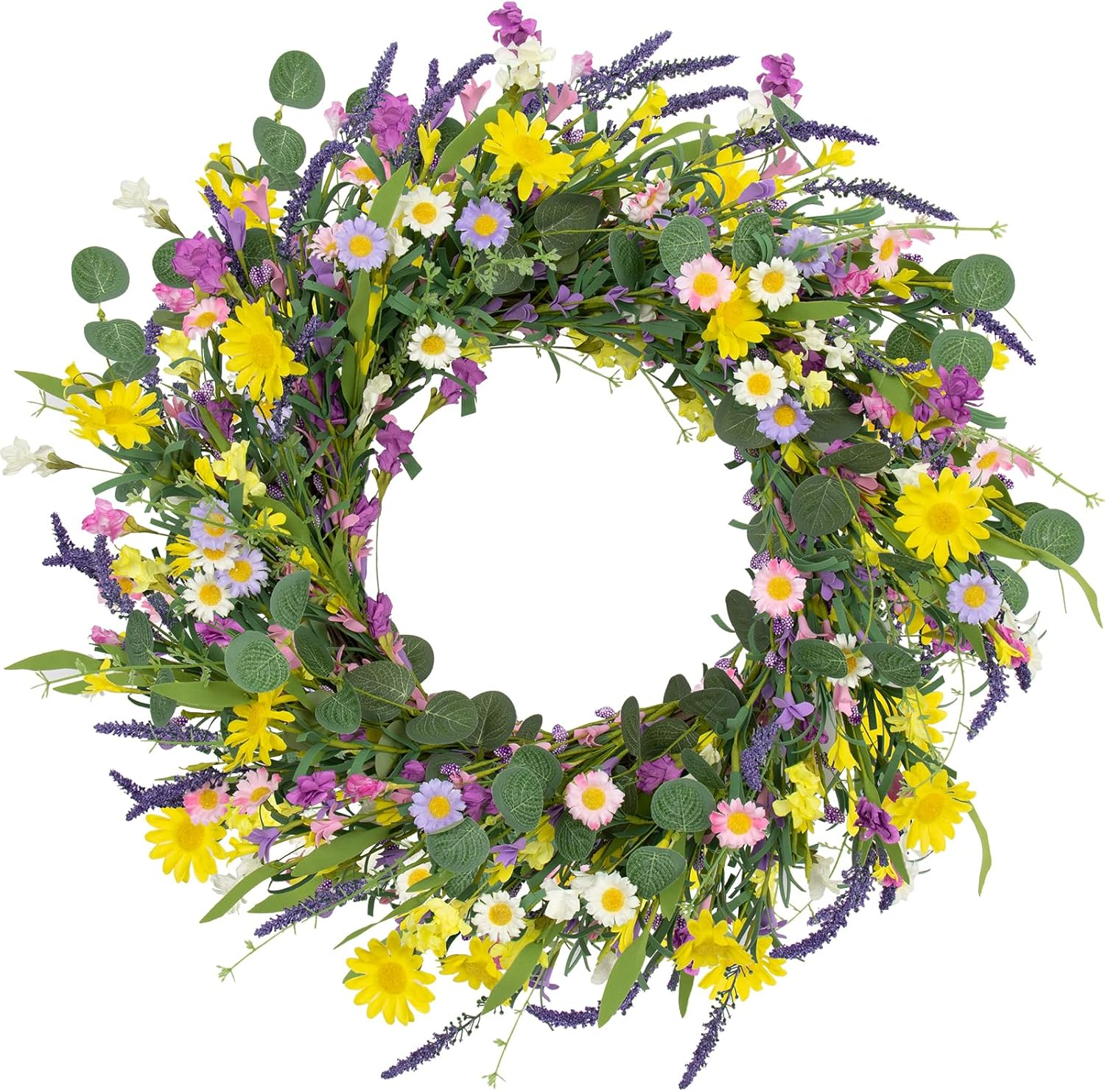 Spring Wreaths for Front Door 22 Inch Artificial Summer Wreath Daisy and Lavender Wreath with Wildflowers for Home Wall Farmhouse Springtime Easter Holiday Party