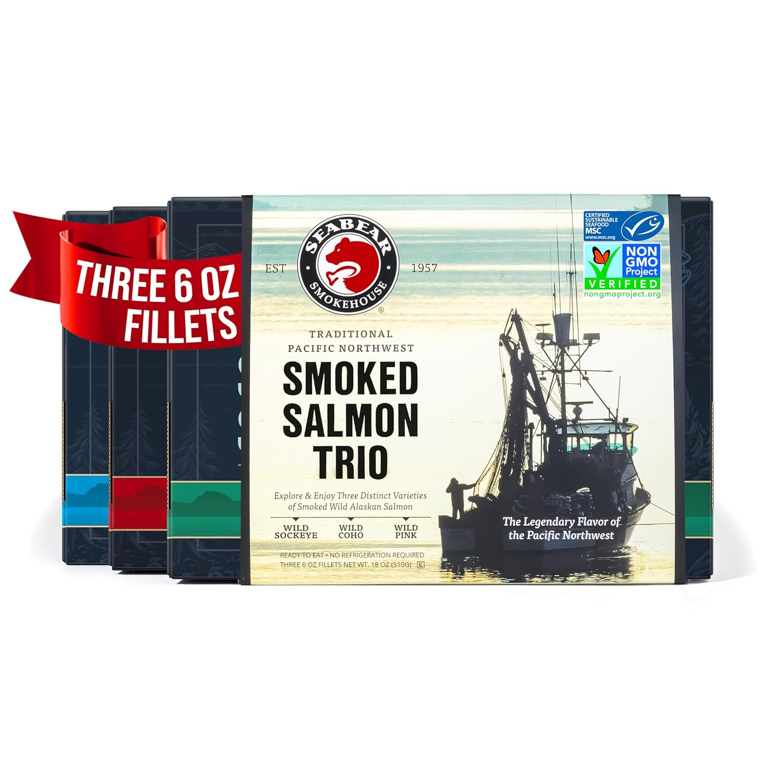 Premium 42G Protein Wild Alaskan Smoked Sockeye Coho & Pink Salmon Trio-18OzBox