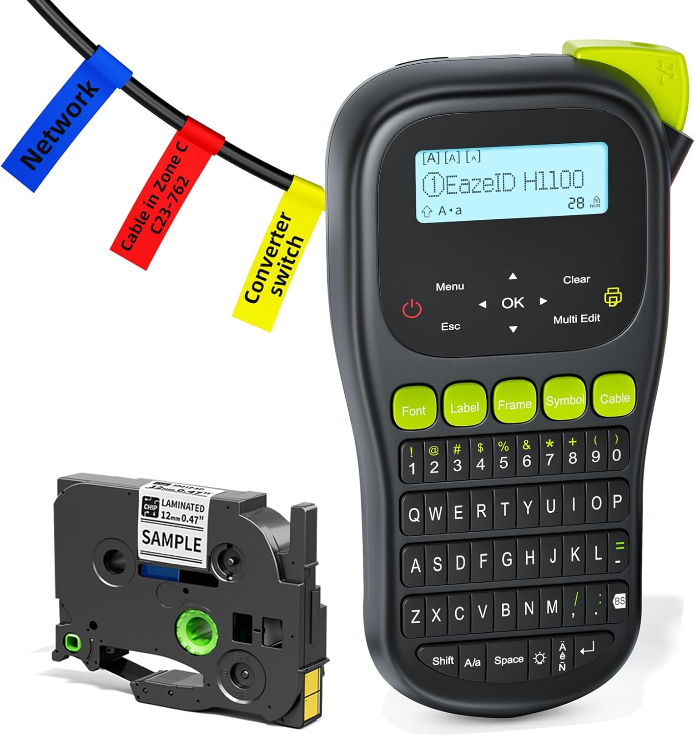Label Maker Machine With-Tape, Cable Label Maker Waterproof-Labels, Handheld Wire Labeler with Backlight Screen for Home Office Industrial Warehouse Use, H1100 Black