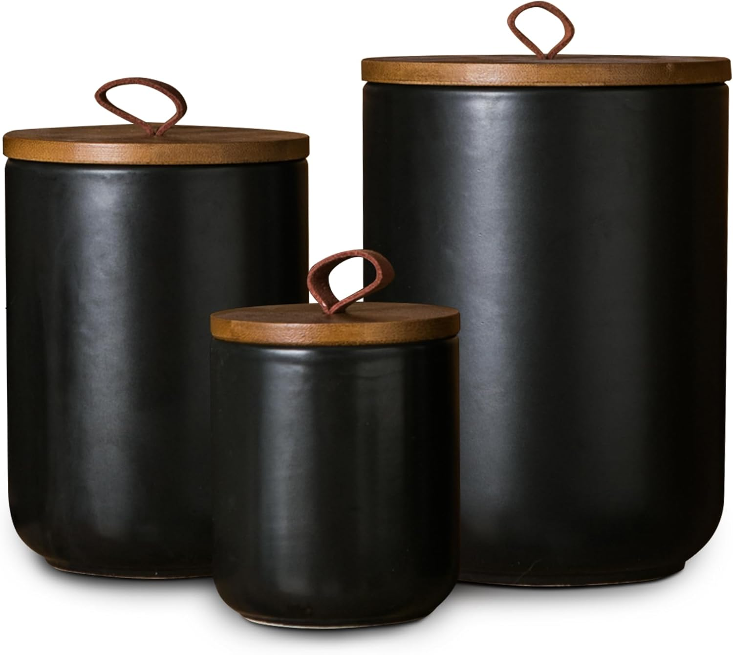 Black Ceramic Canister Set with Wooden Lid, 3-Piece Airtight Food Storage Jars for Kitchen Counter - Flour, Sugar, Coffee, Tea, Spice - Small, Medium, Large Sizes