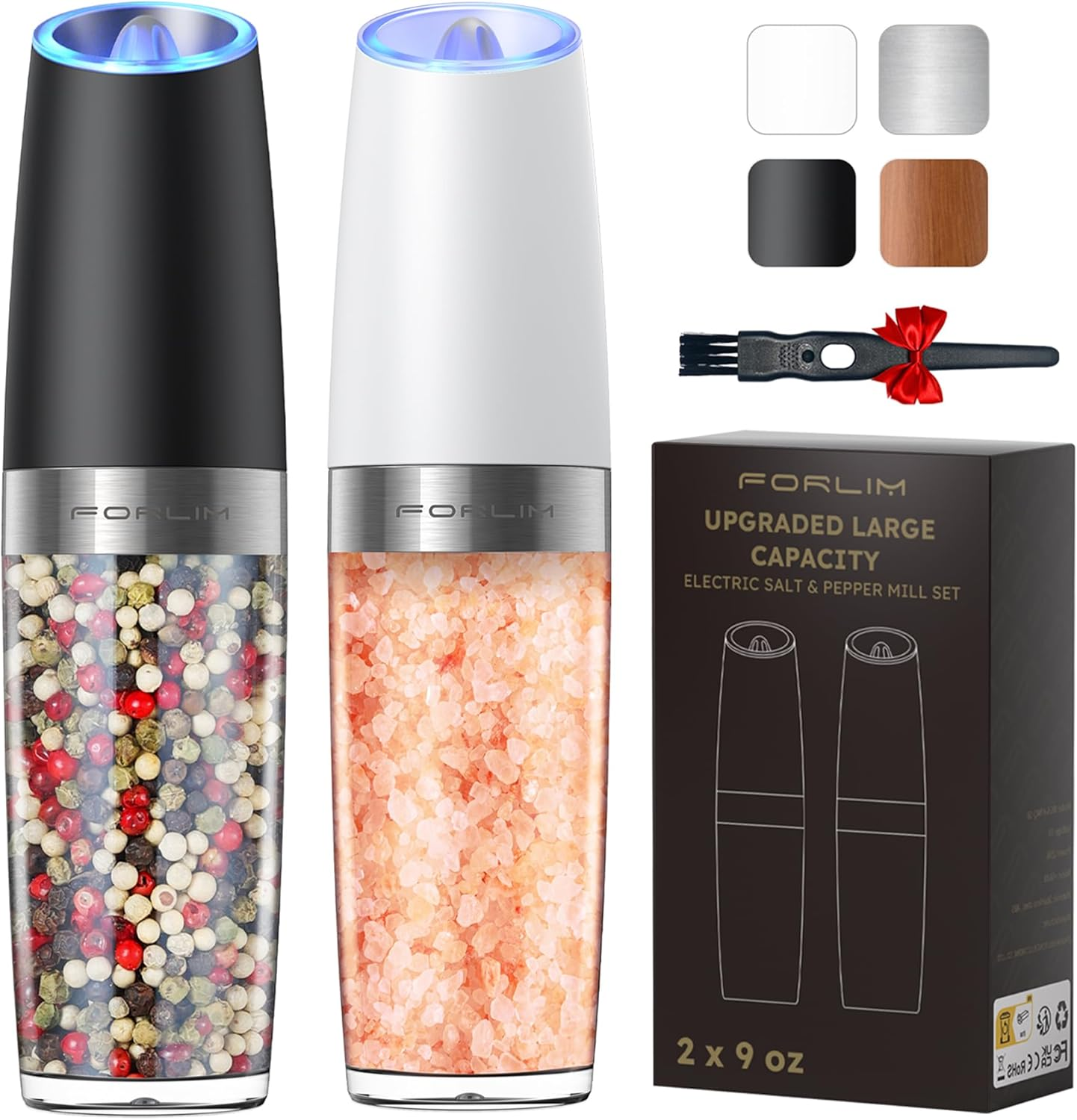 Electric Salt and Pepper Grinder Set, Upgraded 9 Oz Capacity Refillable Battery Operated Automatic Salt and Pepper Grinder Shakers Mill, Adjustable Coarseness One Hand Operation(Black & White)