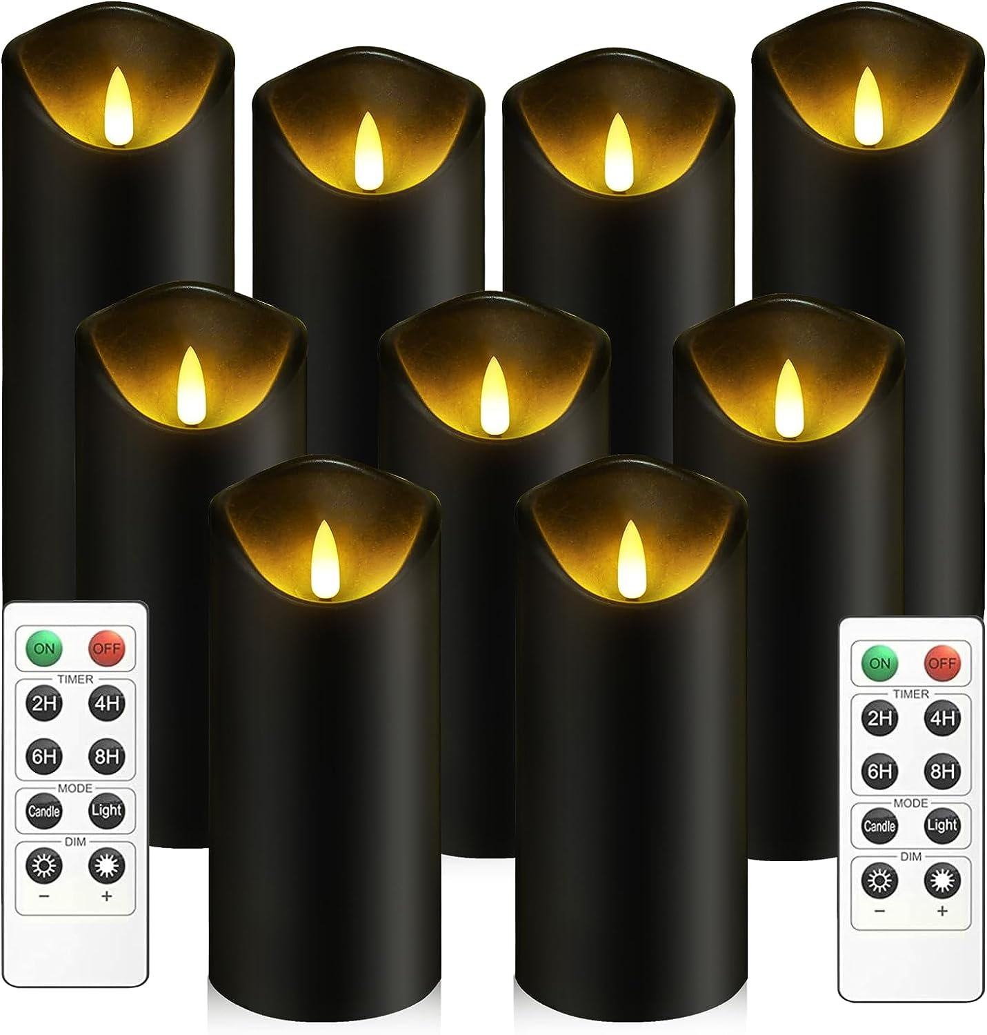 Set 9 Black Flickering LED Flameless Candles with Remote Timer Battery Operated